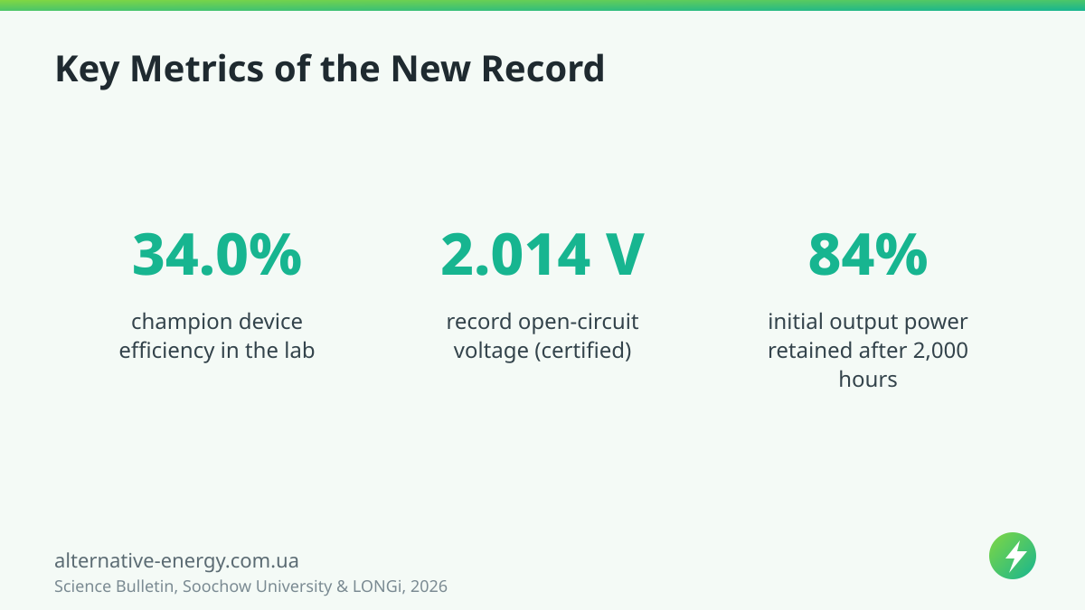 Perovskite-Silicon Tandem Reaches 34% Efficiency and 2.014 V Key Metrics of the New Record — Science Bulletin, Soochow University & LONGi, 2026