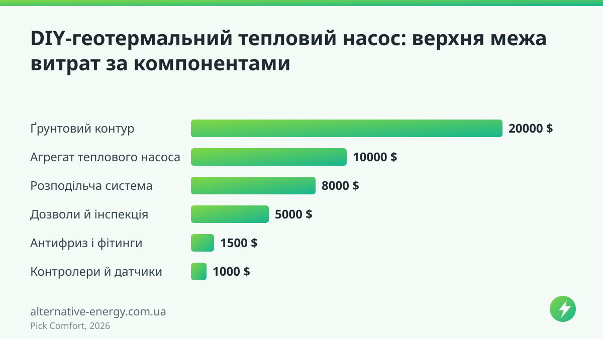 DIY-геотермальний тепловий насос: верхня межа витрат за компонентами — Pick Comfort, 2026