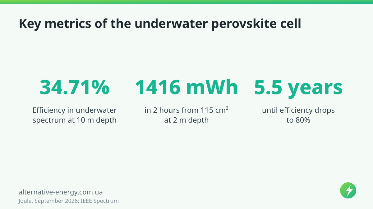 Key metrics of the underwater perovskite cell — Joule, September 2026; IEEE Spectrum