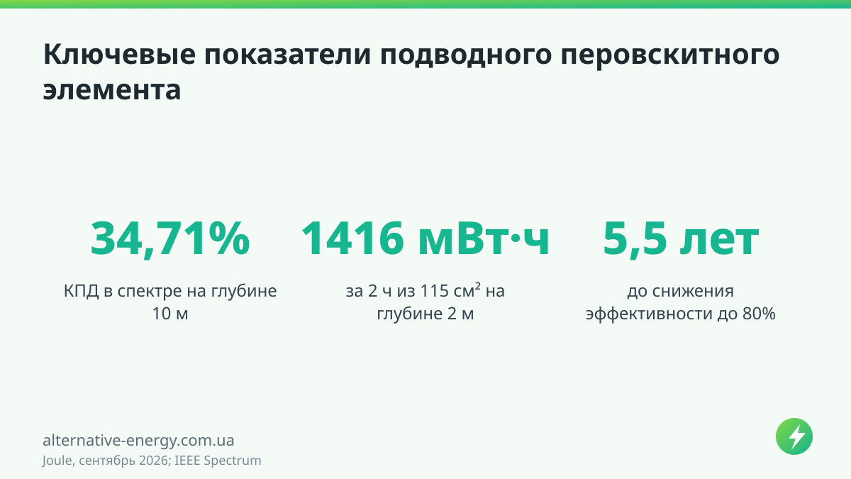 Ключевые показатели подводного перовскитного элемента — Joule, сентябрь 2026; IEEE Spectrum
