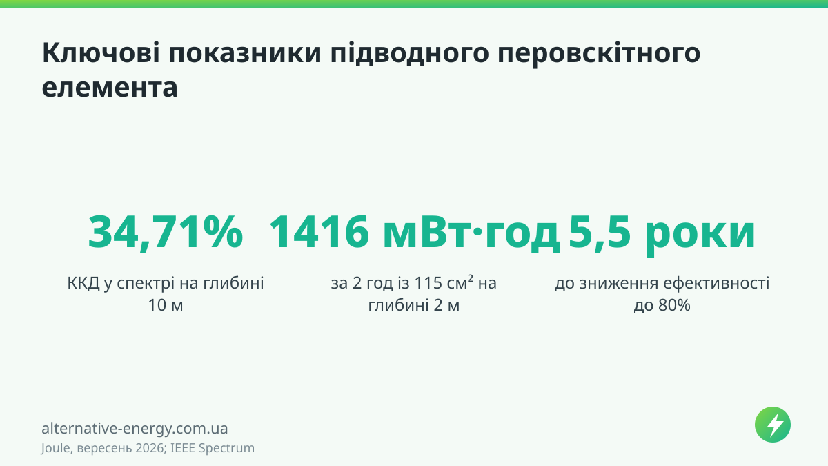 Підводні сонячні елементи дали 34,71% ККД на глибині 10 м Ключові показники підводного перовскітного елемента — Joule, вересень 2026; IEEE Spectrum