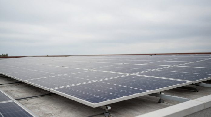 Rooftop solar panels under an overcast sky in soft diffuse daylight