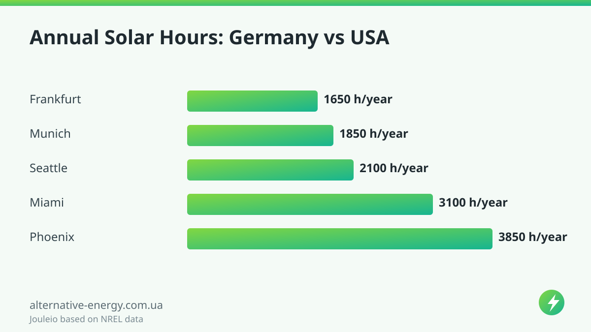 Annual Solar Hours: Germany vs USA — Jouleio based on NREL data