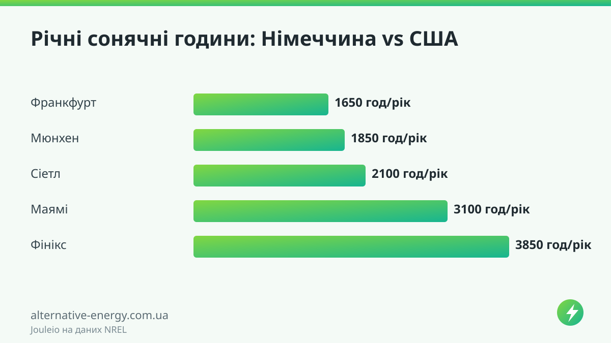 Річні сонячні години: Німеччина vs США — Jouleio на даних NREL