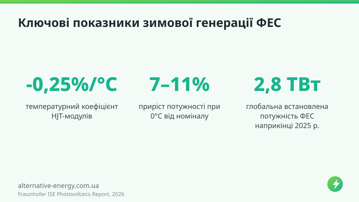 Ключові показники зимової генерації ФЕС — Fraunhofer ISE Photovoltaics Report, 2026
