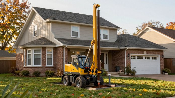 Geothermal heat pump installation at a suburban home with a drilling rig on the lawn