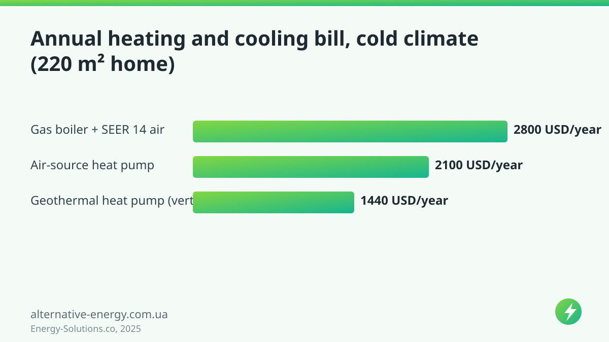 Annual heating and cooling bill, cold climate (220 m² home) — Energy-Solutions.co, 2025
