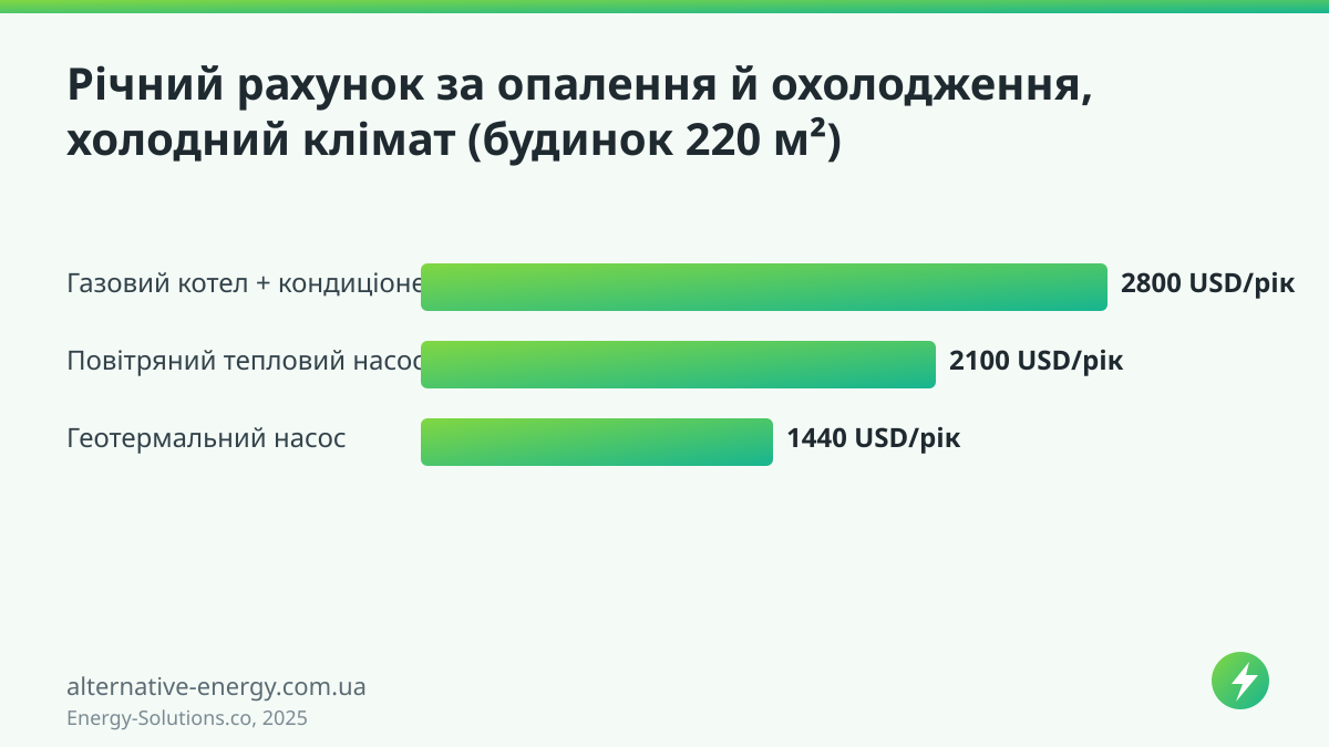 Річний рахунок за опалення й охолодження, холодний клімат (будинок 220 м²) — Energy-Solutions.co, 2025