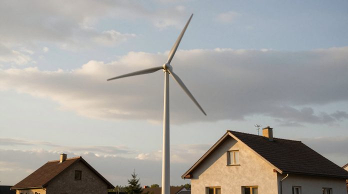 Home wind turbine on a pole next to a private house in Ukraine