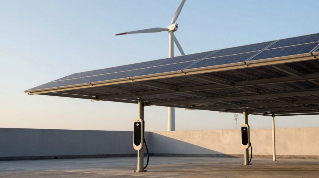 Solar EV charging canopy with solar panels and a wind turbine alongside