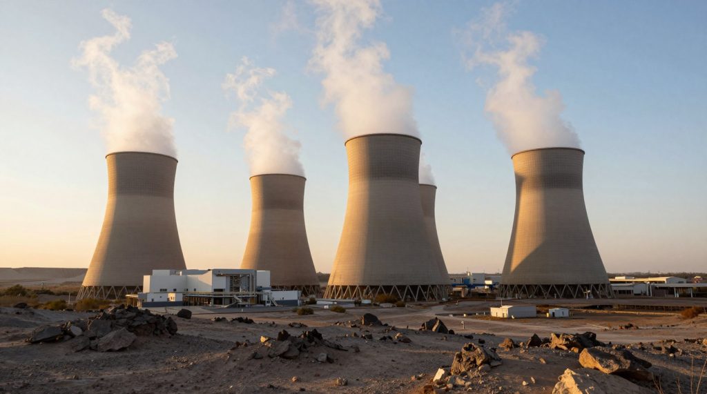 Geothermal power plant with steam rising above cooling towers — geothermal energy operates around the clock