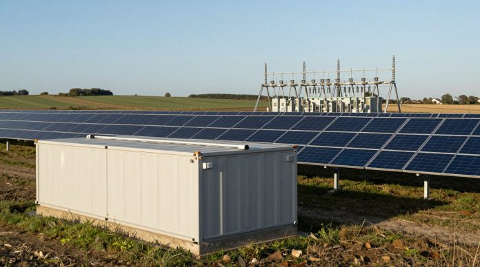 France to Ease Grid Connection Rules for Solar-Plus-Storage Up to 25 MW Solar-plus-storage plant with battery containers near a grid connection point