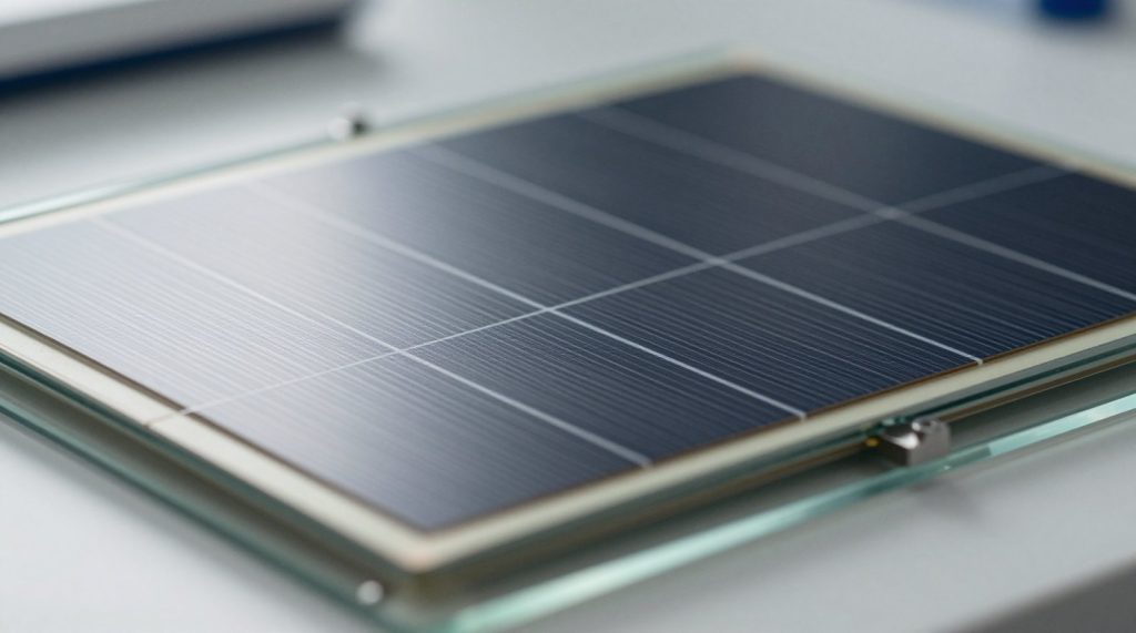 Thin-film perovskite solar cell on a glass substrate in a research laboratory