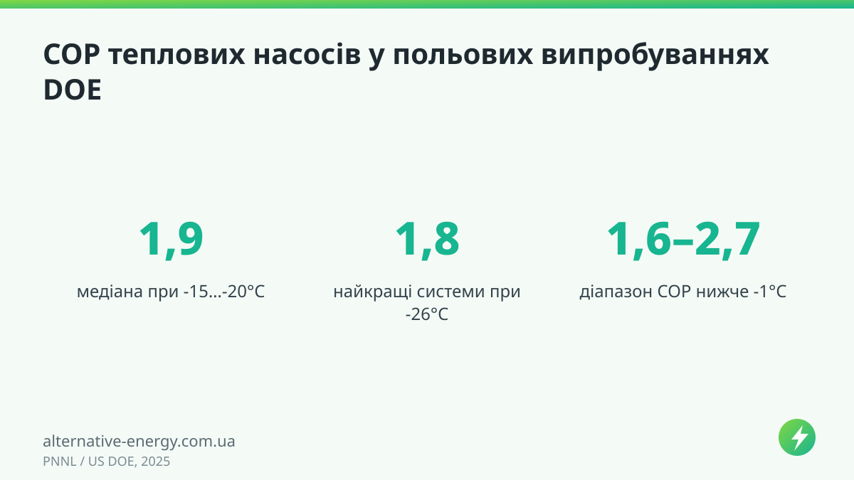 COP теплових насосів у польових випробуваннях DOE — PNNL / US DOE, 2025