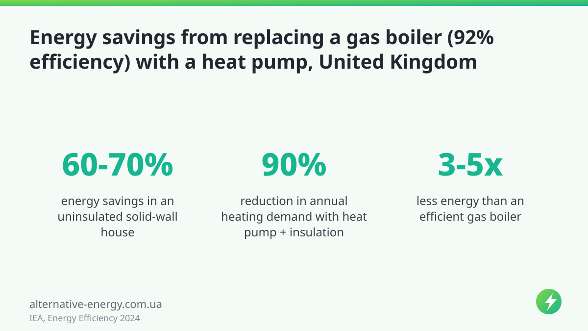 Energy savings from replacing a gas boiler (92% efficiency) with a heat pump, United Kingdom — IEA, Energy Efficiency 2024