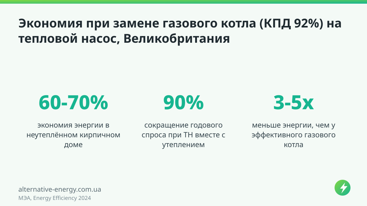 Работает ли тепловой насос в неутеплённом доме: анализ МЭА Экономия при замене газового котла (КПД 92%) на тепловой насос, Великобритания — МЭА, Energy Efficiency 2024