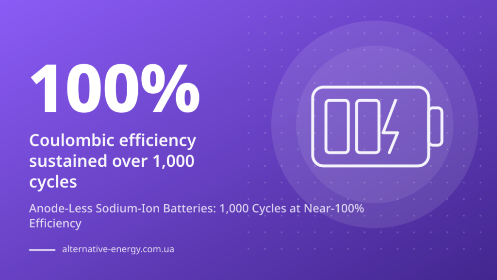 Anode-Less Sodium-Ion Batteries: 1,000 Cycles at Near-100% Efficiency — 100% Coulombic efficiency sustained over 1,000 cycles