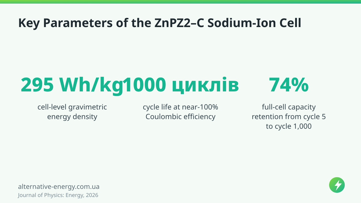 Key Parameters of the ZnPZ2–C Sodium-Ion Cell — Journal of Physics: Energy, 2026