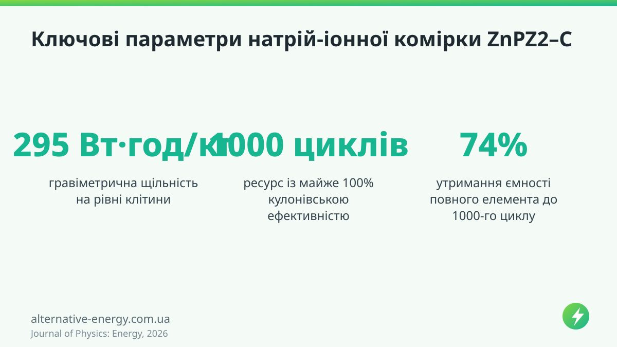 Натрій-іонні батареї без анода: 1000 циклів із майже 100% ефективністю Ключові параметри натрій-іонної комірки ZnPZ2–C — Journal of Physics: Energy, 2026