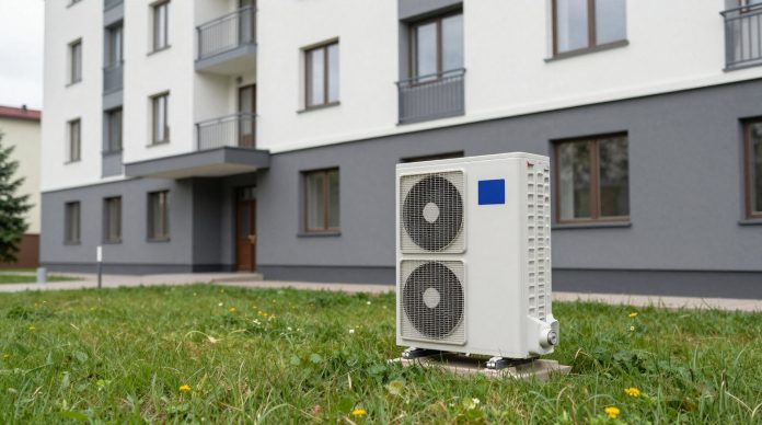 Зовнішній блок теплового насоса біля багатоквартирного будинку в межах програми компенсації